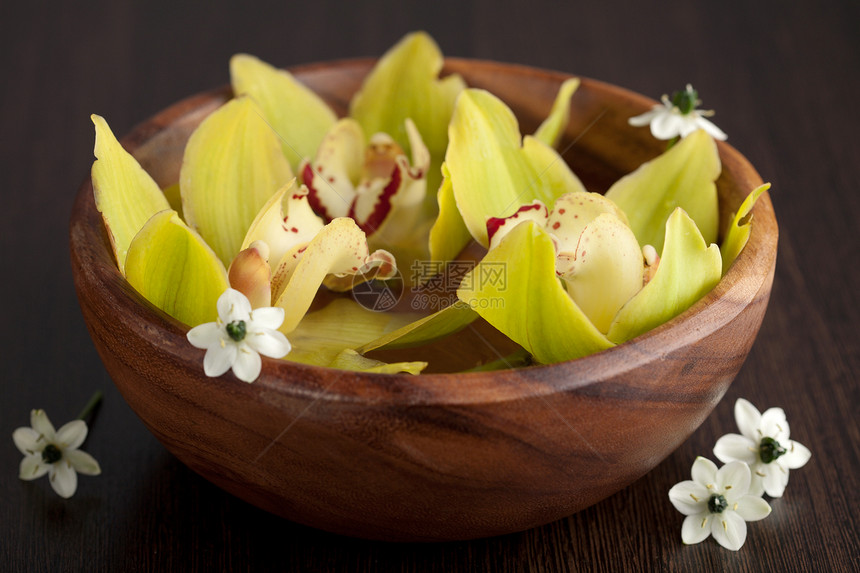 碗中的黄兰花温泉黄色绿色治疗花瓣雏菊风格疗法木头植物图片