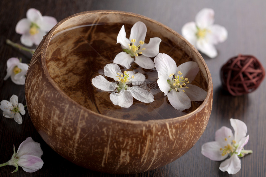 碗中的白花花瓣木头温泉白色装饰疗法风格叶子治疗棕色图片