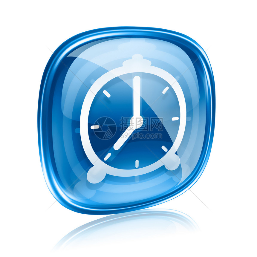 时钟图标蓝色玻璃 在白色背景上隔离互联网网页反射圆圈正方形警报圆形时间按钮网站图片