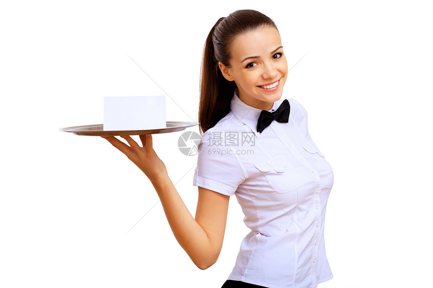 年轻女服务员 带空托盘快乐女孩饮料工作工人奢华微笑玻璃用餐食物图片