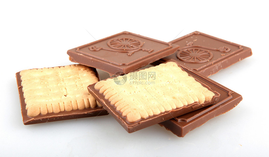 巧克力饼干在白色上被孤立可可食物面包糕点芯片蛋糕育肥奶油垃圾早餐图片