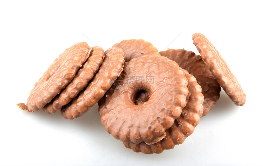 巧克力饼干在白色上被孤立垃圾早餐面包饼干可可芯片糖果糕点营养育肥图片