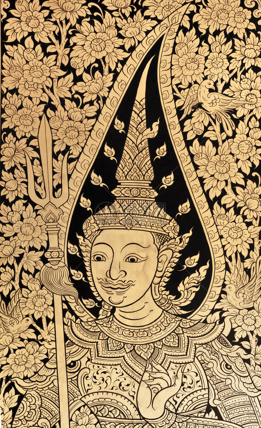 传统泰国风格的绘画艺术漩涡墙纸寺庙装饰建筑金子装饰品叶子文化旅行图片
