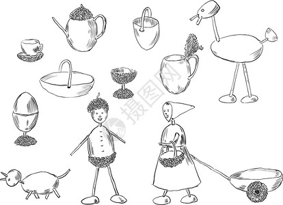 零工手工橡子工作种子菜肴玩具绘画植物群橡木女性生产艺术插画