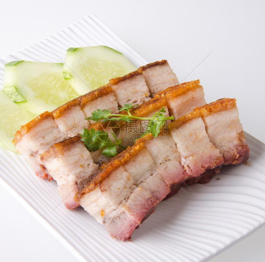 猪肉BBQ猪肉和大米鸡肉餐厅营养午餐美食食物蔬菜照片菜单盘子饮食图片
