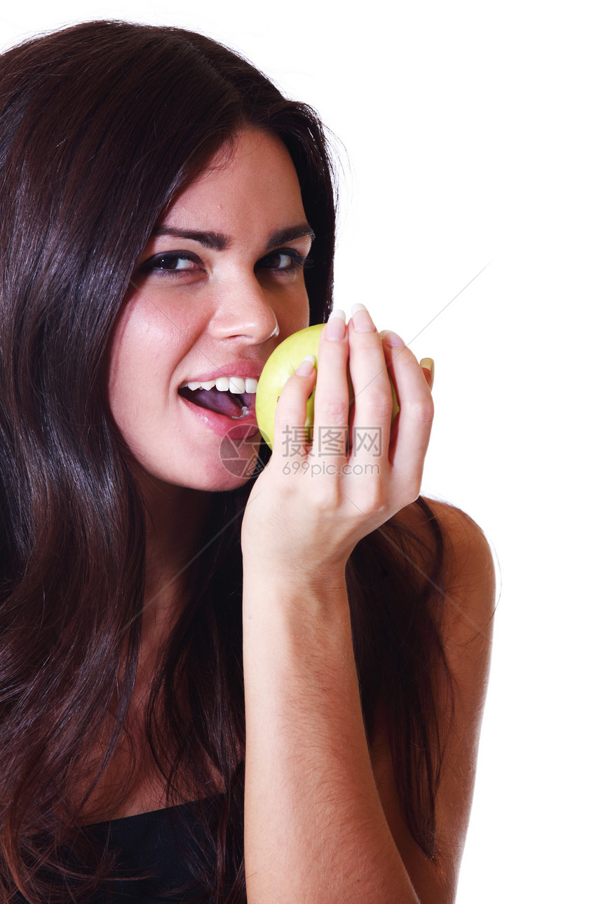 吃苹果女性头发饮食成人喜悦卫生营养女孩微笑生活图片