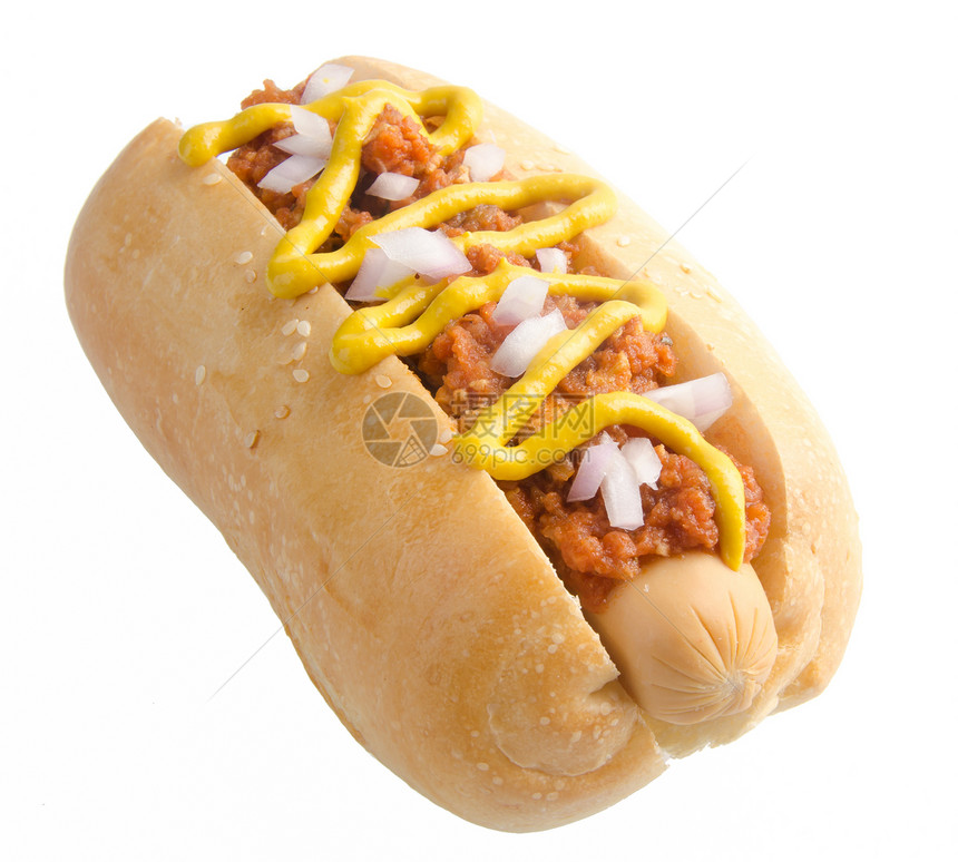 白色背景的热狗沙拉洋葱面包食物包子早餐香肠芝麻胡椒午餐图片