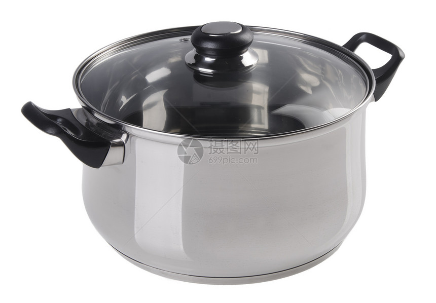 白色底底的不锈钢锅食物反射蒸汽房子金属厨房平底锅宏观美食工具图片