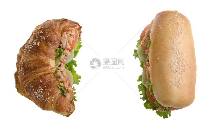 白色背景上孤立的三文治蔬菜面包早餐餐厅烹饪饮食火腿小麦小吃盘子图片