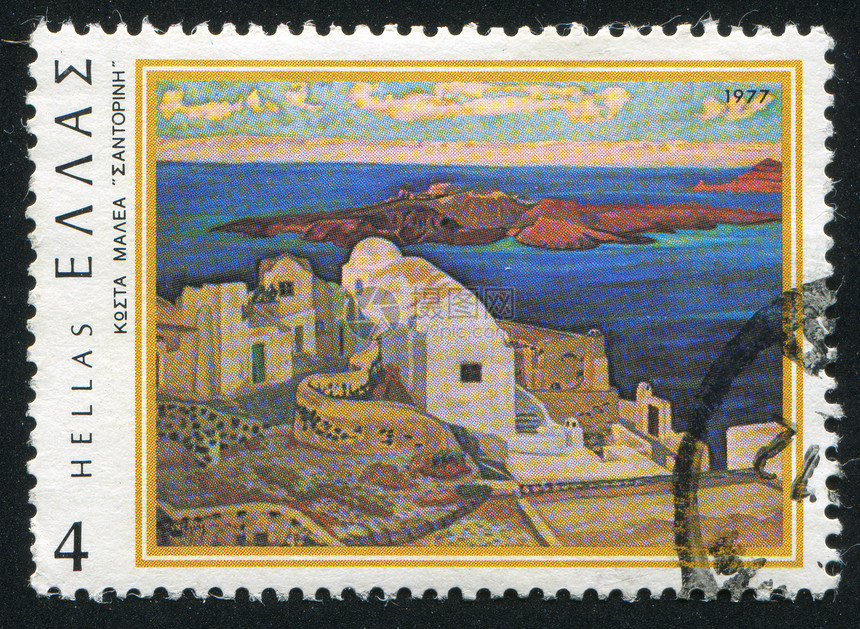 圣托里尼岛海洋集邮房子艺术火山风景海岸信封邮资邮票图片