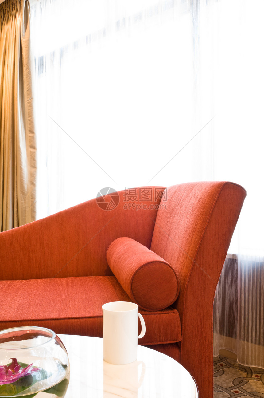美丽的沙发 在一个漂亮的装饰的客厅里酒店金属窗户长椅大理石茶几窗帘公寓住宅风格图片