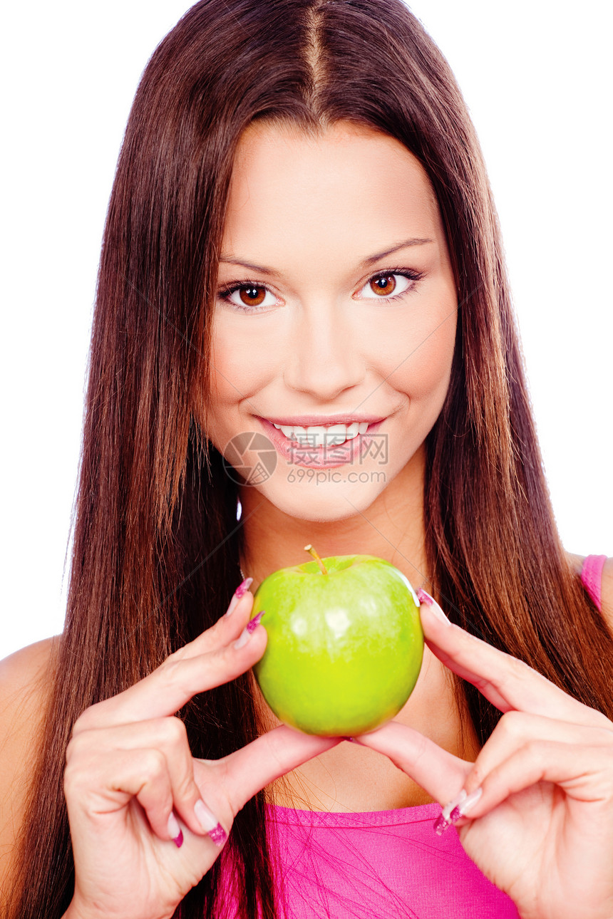 拥有绿苹果的妇女绿色营养女士活力饮食水果草药头发女孩图片