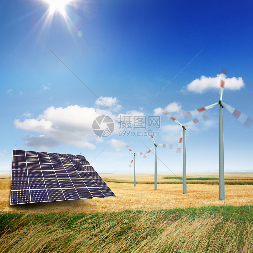 风涡轮机和太阳能电池板阳光太阳能气候场地力量能源生态发电机涡轮资源图片