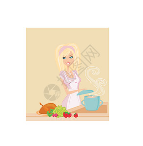 搅拌面糊美丽的女士烹饪汤生活勺子插图沙漠衣服快乐厨师液体美食蓝绿色设计图片
