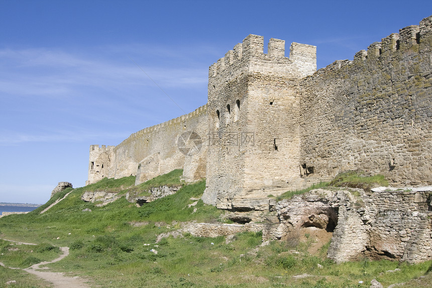 乌克兰阿克曼堡垒历史性晴天城堡建筑历史据点蓝色建筑学废墟地标图片