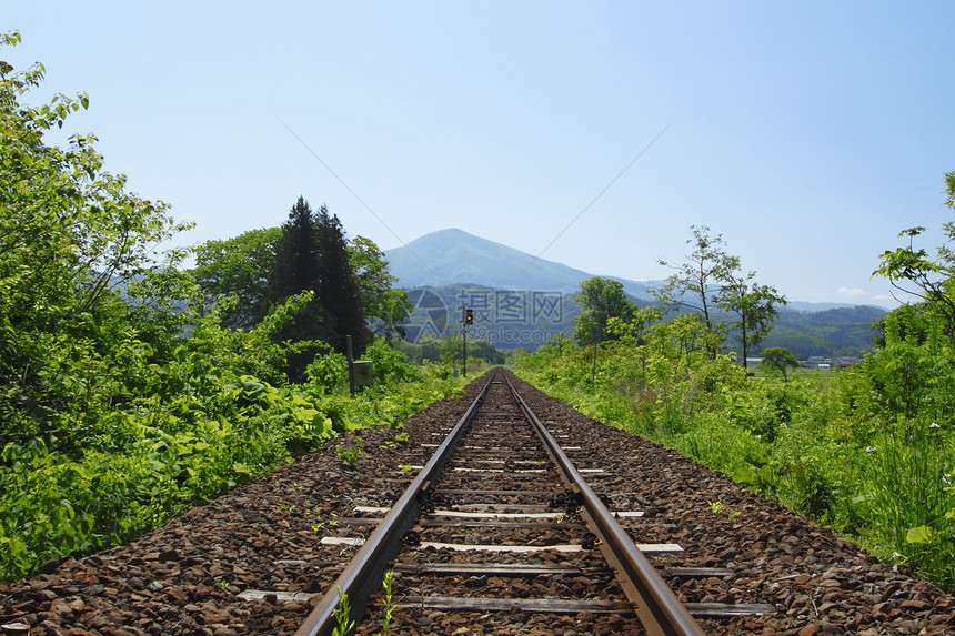 新的绿色和铁路旅行季节天空蓝色火车图片
