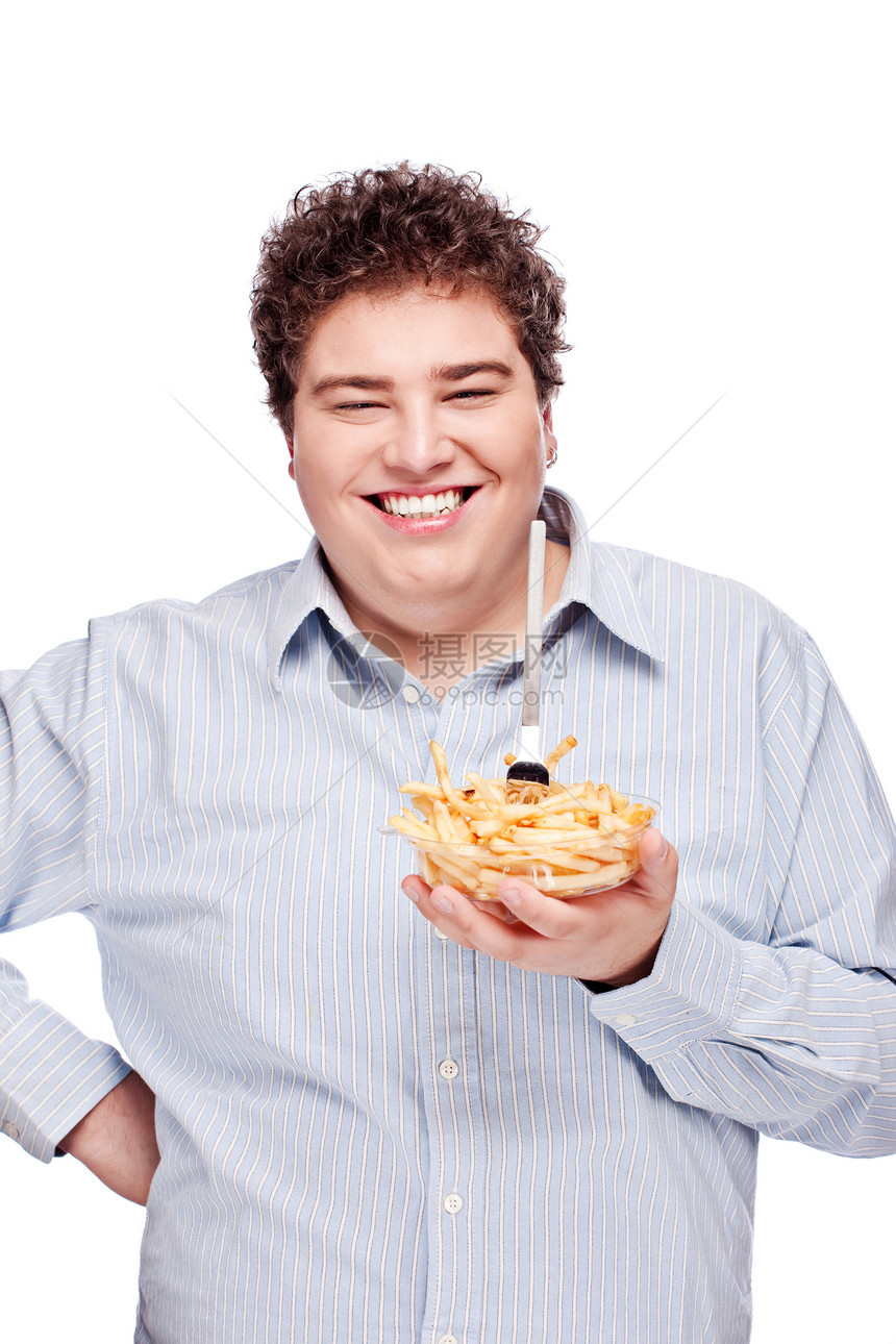 带薯条的胖胖男人垃圾成人展示食物土豆育肥脂肪盘子午餐白色图片
