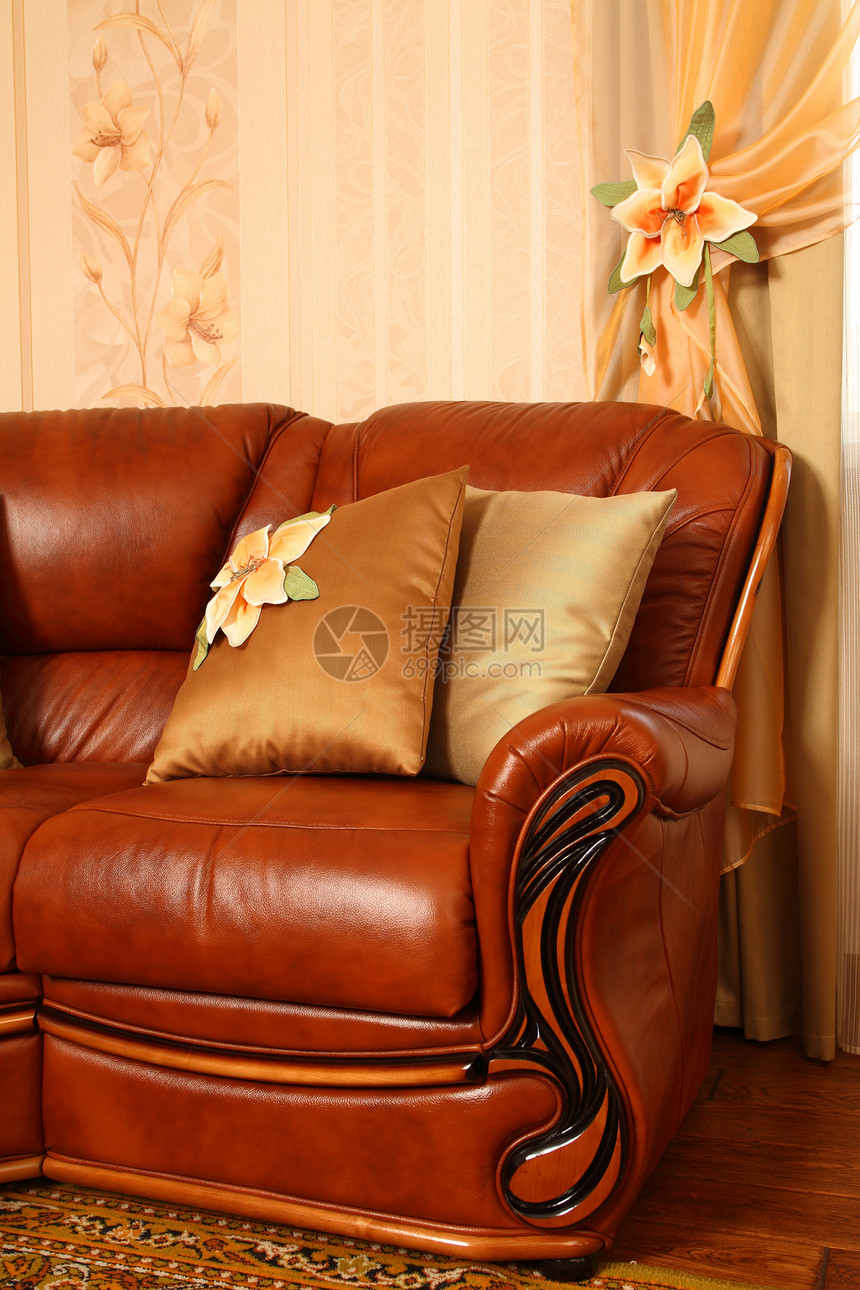 美丽的窗帘枕头棕色纺织品家具窗户黄色优雅奢华座位刺绣图片