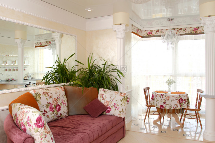 内部的公寓套房阳光住宅镜子沙发白色桌子房间木地板图片