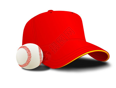 红色棒球帽红棒球帽和球背景