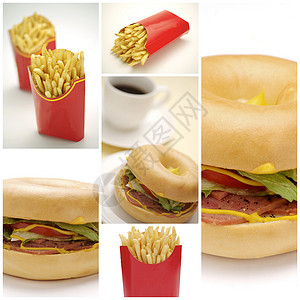 食品带字素材汉堡和薯片碰撞午餐静物小吃脂肪游戏芝麻糖类油炸食物拼贴画背景