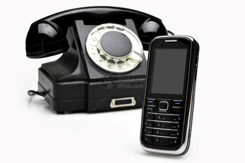 现代电话和古代电话塑料按钮电讯键盘换向听筒绳索尺码乡愁拨号图片