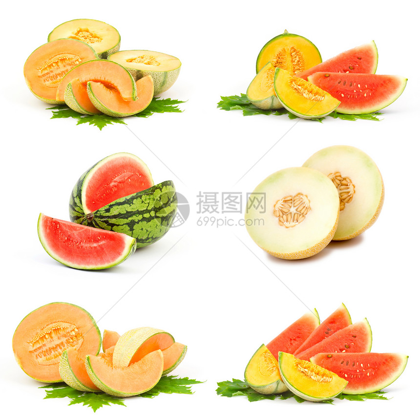 新鲜西瓜水果的收藏绿色白色饮食橙子甜点黄色食物拼贴画团体果汁图片