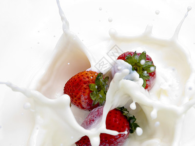 草莓滴入奶水中喷洒牛奶奶制品午餐营养运动飞溅食物甜点气泡水果背景图片