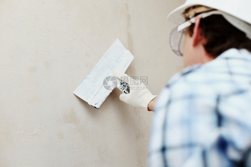 工作与块状墙对齐男人水泥活动房子工人地面工具建造泥水匠维修图片