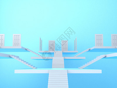 白色梯子和门愿望成就房间楼梯蓝色入口房子插图大厅建筑学背景图片