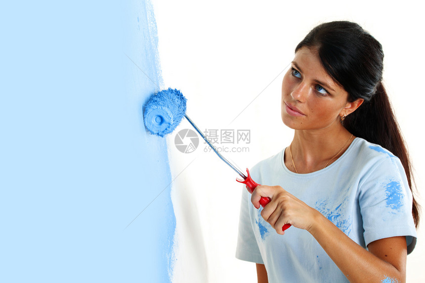 手掌中的滚动者女孩蓝色女士维修房间女性手指装修配件装潢图片