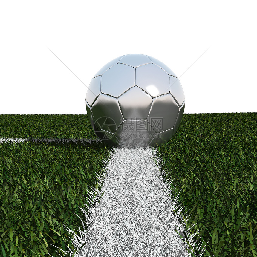 银足球球在草地上 孤立在白色的图片