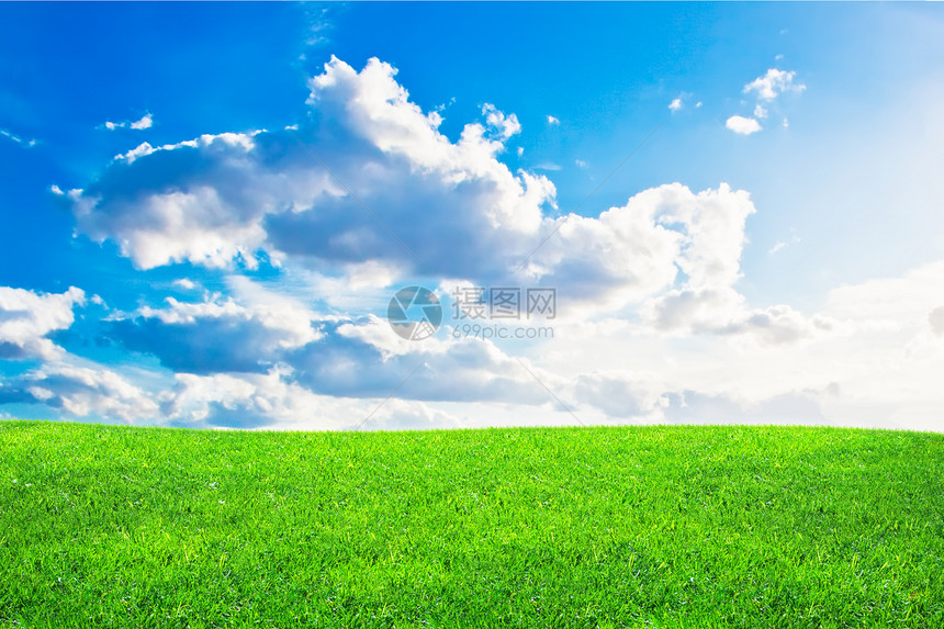 绿草和蓝云天空天气草原草地农村戏剧性面粉阳光远景地平线麦田图片