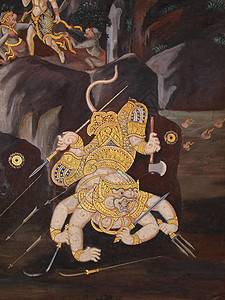 泰国寺庙的泰国艺术墙装饰历史工艺宗教文化绘画风格古董场景神社背景图片