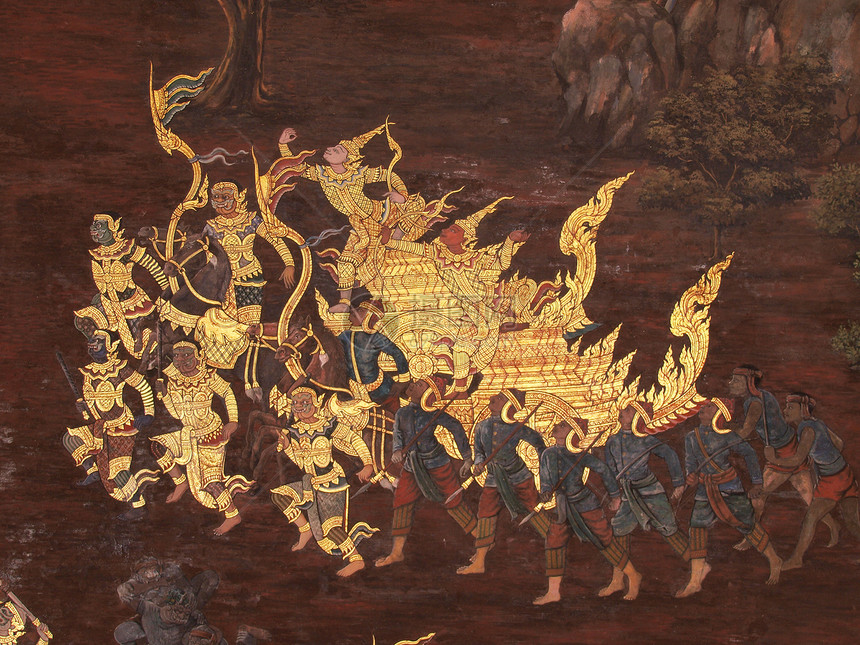 有关拉马亚那Ramayana Ep的画画古董装饰历史绘画佛教徒文化艺术风格寺庙场景图片