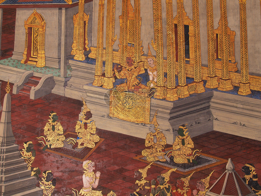 有关拉马亚那Ramayana Ep的画画神社宗教场景艺术风格历史寺庙绘画工艺佛教徒图片