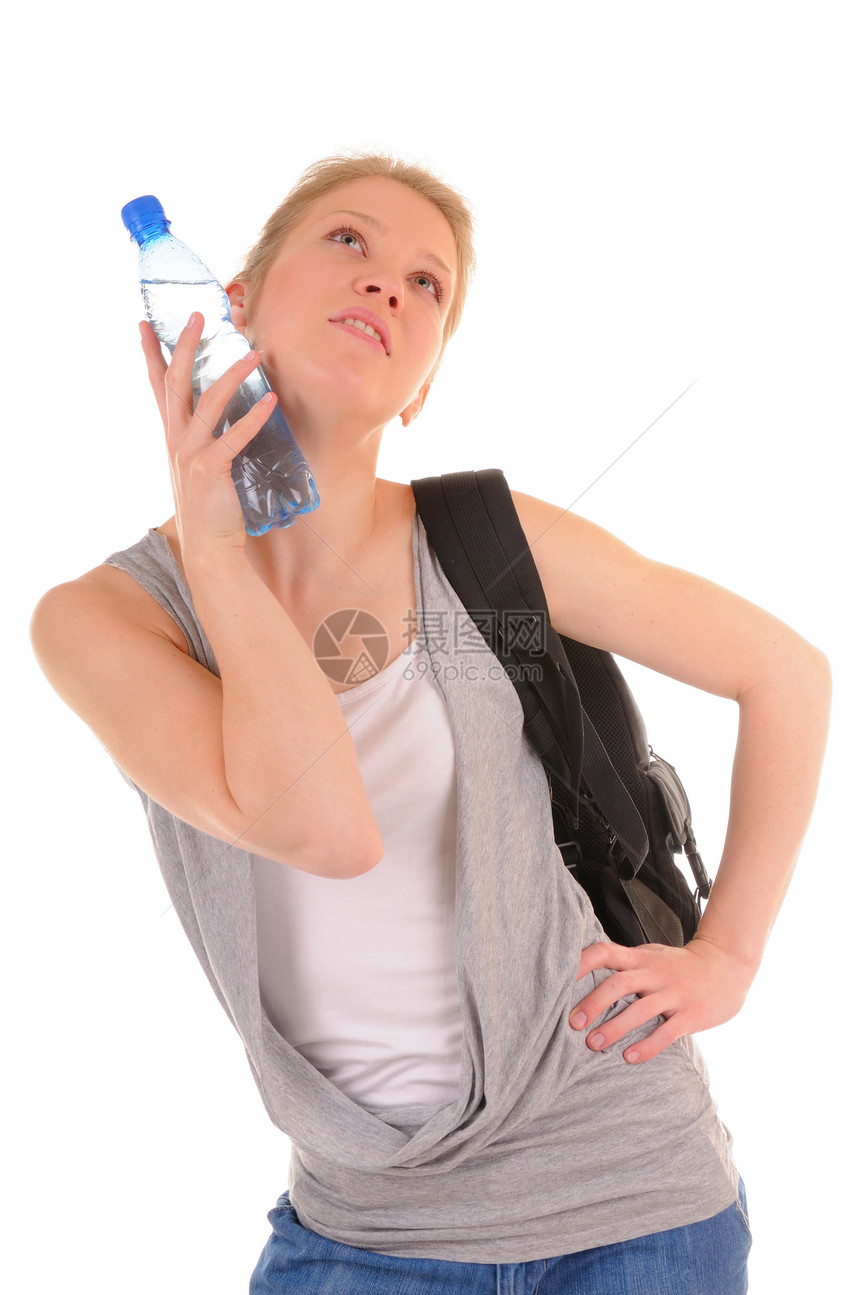 太热了瓶子女孩生活塑料太阳口渴卫生头发手臂药品图片