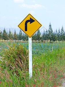 右转符号警告小路曲线旅行运输街道路标天空黄色交通背景图片