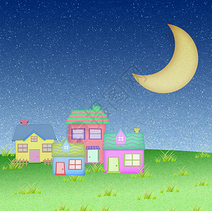 黑夜里的房子夜里用月亮换回回收纸的村庄工艺业主建筑学构造房子天空卡通片星星城市背景