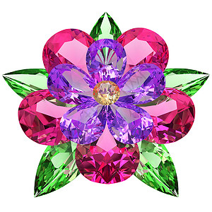 最小彩色钻石由白上彩色宝石组成的花朵紫色奢华艺术石头反射玻璃折射红宝石钻石矿物背景