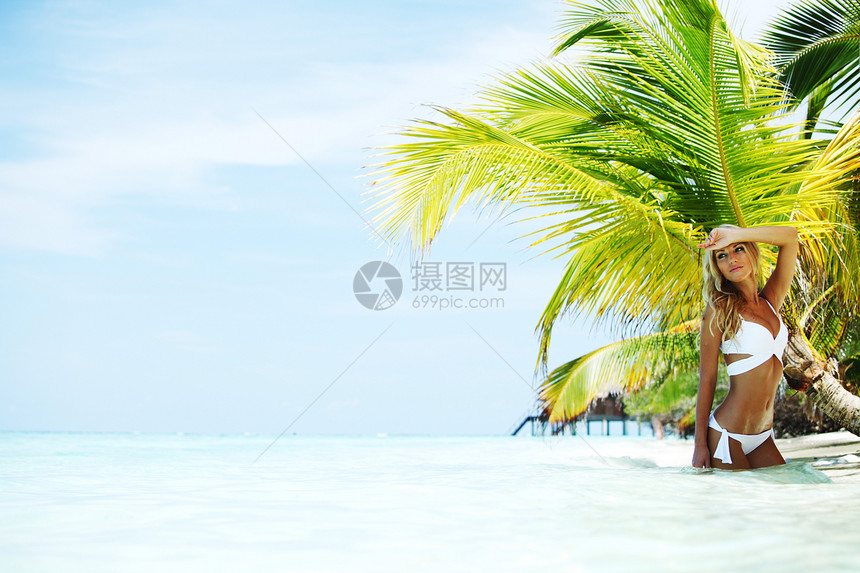 棕榈下的妇女植物海洋女孩天空太阳海滩假期天堂海景旅行图片