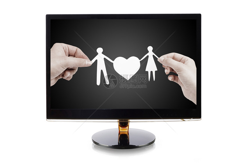 白色上孤立的手握有纸状家庭监视器的显示器男人童年女士夫妻艺术孩子桌面喜悦母亲父母图片