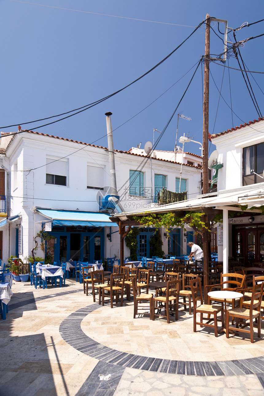 有关Samos的Kokkari科卡酒馆咖啡馆街道村庄桌子建筑学椅子建筑房子图片