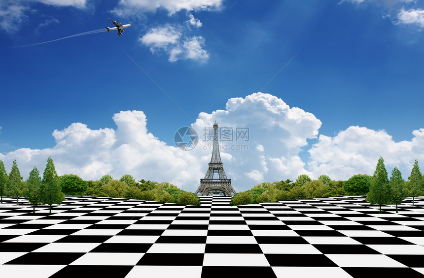 前往巴黎旅费树木黑色旅行阳光概念旅游白色天空地面图片