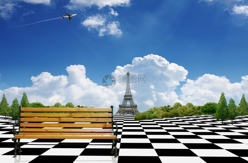 前往巴黎旅费白色概念旅行阳光长椅旅游椅子天空树木地面图片