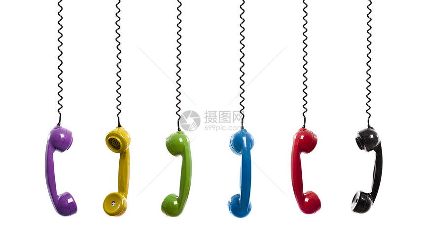 彩色旧电话听筒电讯讲话拨号乡愁白色古董绳索技术耳机图片
