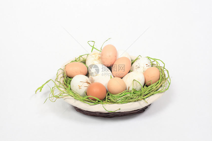 鸡蛋和鹅肉混合在篮子中工作室食物生活动物野鸡生物学美食蛋糕营养农业图片
