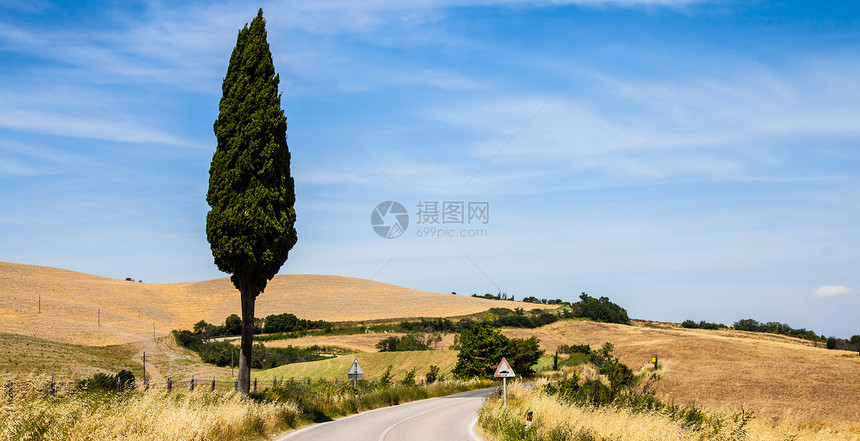 托斯卡纳公路乡村草地天空绿色场地丘陵酒庄农业农村季节性图片