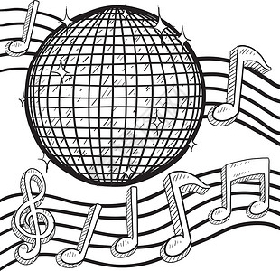 音乐酒馆带音乐音符的迪斯科球背景矢量设计图片
