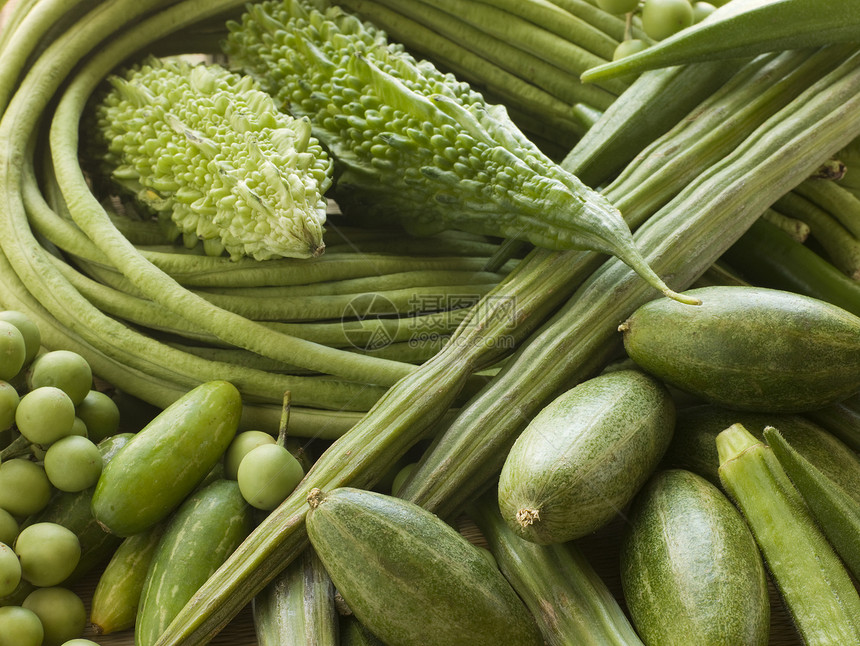 选择亚洲蔬菜组织鸟瞰图食物秋葵葫芦高架绿色食品视图青豆黄瓜图片